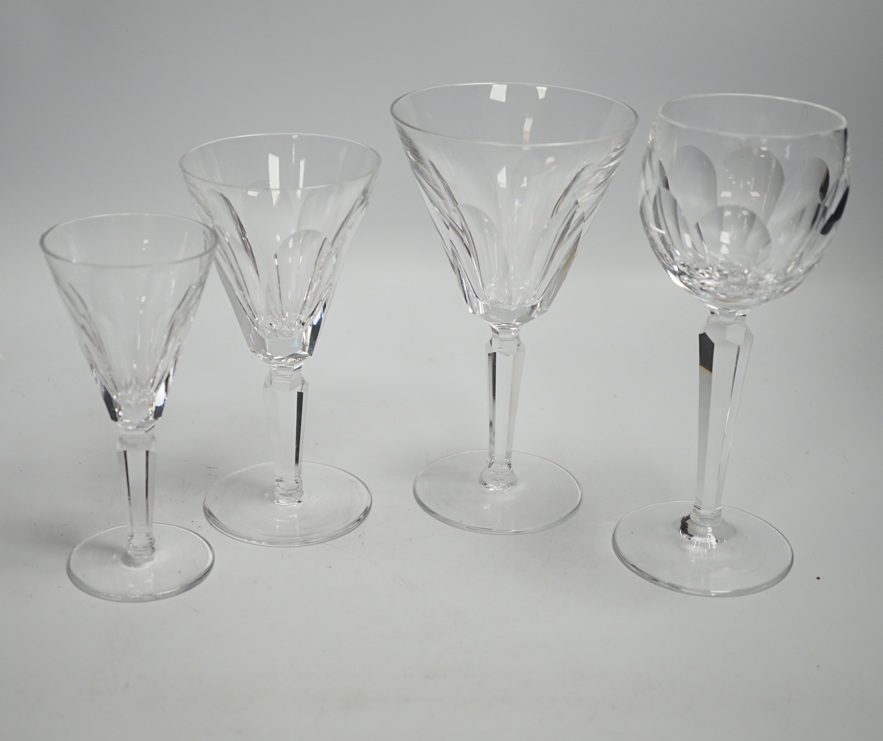 Waterford ‘Sheila’ pattern; six wine goblets, six flutes, six claret, four small wine and six aperitif, tallest 9cm high